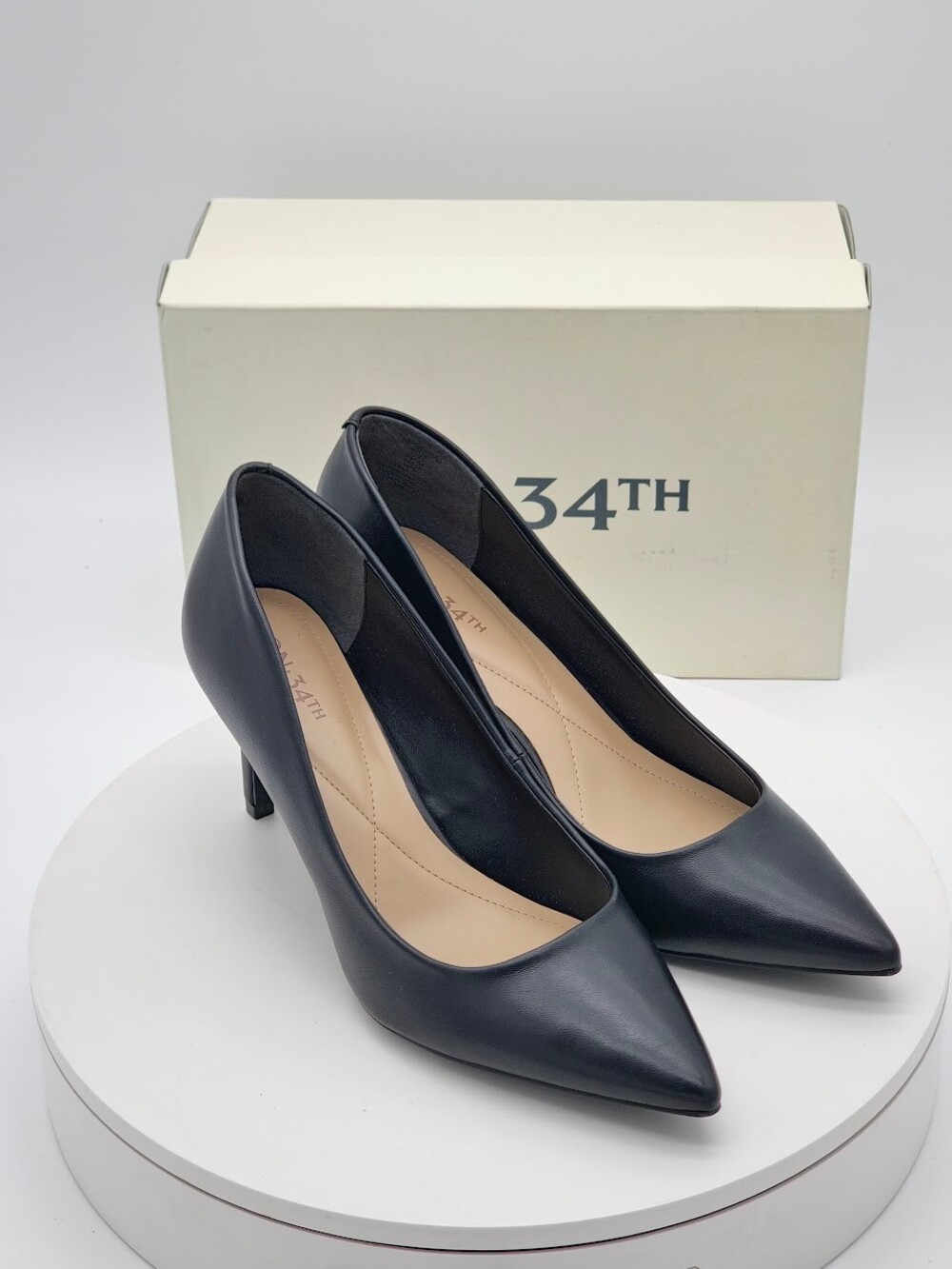ON 34th Jeules Black Leather Pumps Women’s Size 8 M Pointed Toe Heels NEW